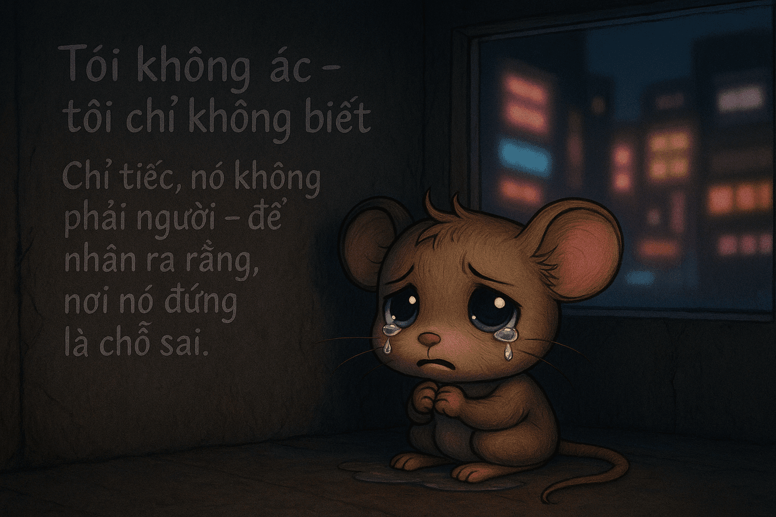 Chibi chú chuột đáng thương co ro trong góc tường